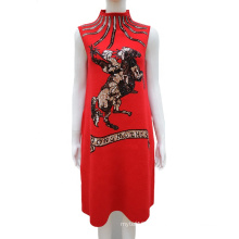 Wholesale New Year Women Woolen Angola Sleeveless Chinese Red Heavery Bead Embroidered Evening Dress Knitting